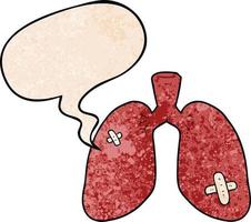 cartoon repaired lungs and speech bubble in retro texture style vector