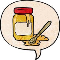 cartoon jar of honey and speech bubble in retro texture style vector