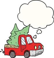 cartoon pickup truck carrying trees and thought bubble vector