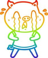 rainbow gradient line drawing crying pig cartoon wearing human clothes vector
