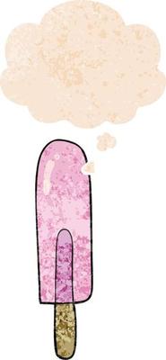 cartoon ice lolly and thought bubble in retro textured style