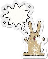 cartoon rabbit and speech bubble distressed sticker vector