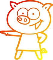 dibujo de línea de gradiente cálido cerdo alegre en vestido señalando dibujos animados vector