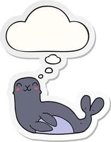 cartoon seal and thought bubble as a printed sticker vector
