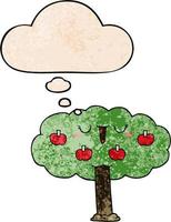 árbol de manzana de dibujos animados y burbuja de pensamiento en estilo de patrón de textura grunge vector