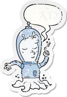 cartoon alien and speech bubble distressed sticker vector