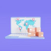 icon Laptop with the world map cardboard box with an app for online shopping, world map background, and Worldwide delivery tracking. 3D illustration photo