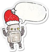 robot de navidad de dibujos animados y etiqueta engomada angustiada de la burbuja del discurso vector