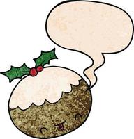 cute cartoon christmas pudding and speech bubble in retro texture style vector