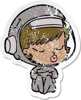 distressed sticker of a cartoon pretty astronaut girl vector
