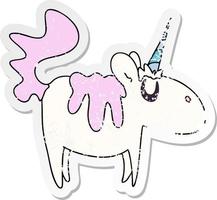 distressed sticker of a quirky hand drawn cartoon unicorn vector