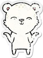 distressed sticker of a happy cartoon polar bear shrugging shoulders vector