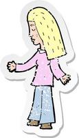 retro distressed sticker of a cartoon woman with open arms vector