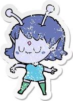 distressed sticker of a cartoon alien girl vector