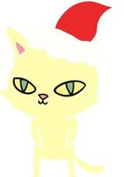 flat color illustration of a cat with bright eyes wearing santa hat vector