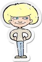 retro distressed sticker of a cartoon boy with hands on hips vector