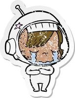 pegatina angustiada de una niña astronauta llorando de dibujos animados vector