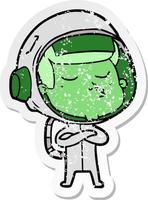 distressed sticker of a cartoon confident astronaut vector