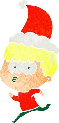 retro cartoon of a curious boy running wearing santa hat