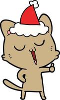 line drawing of a cat singing wearing santa hat vector