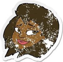 retro distressed sticker of a cartoon happy female face vector