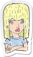 retro distressed sticker of a cartoon girl with folded arms vector