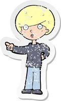 retro distressed sticker of a cartoon pointing boy vector