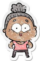 distressed sticker of a cartoon happy old woman vector