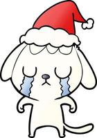 cute gradient cartoon of a dog crying wearing santa hat vector