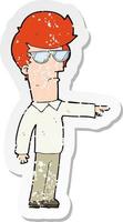 retro distressed sticker of a cartoon man in glasses pointing vector