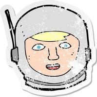 pegatina retro angustiada de una cabeza de astronauta de dibujos animados vector