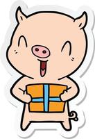 sticker of a happy cartoon pig with xmas present vector