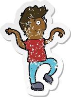 retro distressed sticker of a cartoon happy man doing funny dance vector