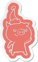 happy cartoon  sticker of a pig wearing santa hat vector