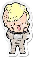 distressed sticker of a cute cartoon girl with hipster haircut vector