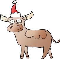 gradient cartoon of a bull wearing santa hat vector