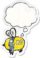 cartoon bee and thought bubble as a distressed worn sticker vector