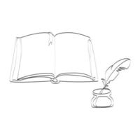 cuaderno en blanco abierto, libro con pluma de pluma antigua y boceto en blanco y negro de tintero, ilustración vectorial. libro con páginas en blanco dibujo de arte mínimo. elemento de diseño dibujado a mano vector