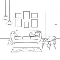 Minimalistic living room interior line art sketch drawing with a sofa, armchair, empty frames on the wall and chandeliers.Modern furniture.Modern interior design,black white sketch.Vector illustration vector