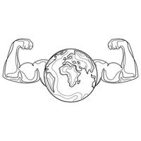 Planet Earth with strong muscular arms Line art drawing in abstract style,vector illustration isolated .Strong Earth concept.Strong Earth.Planet bodybuilder.Sports World.Logo, emblem, icon design vector