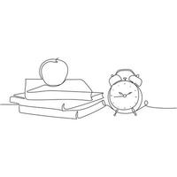 Books stack, alarm clock and apple One continuous line drawing, vector illustration.Education and Back to school concept. Single line draw design. Black and white sketch