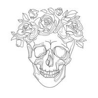 cráneo humano en corona con flores rosas línea arte dibujo en estilo abstracto, ilustración vectorial. boceto dibujado a mano cráneo humano. impresión de camiseta, idea de tatuaje, emblema, diseño de logotipo en estilo místico vector