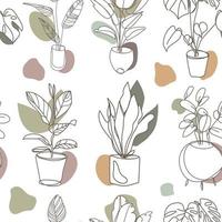 Houseplant in pots seamless pattern,line art drawing on white background vector graphic.Set of potted houseplants in abstract style with pastel neutral spots and shapes.Wallpaper,fabric,print, design