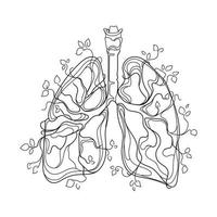 pulmones humanos con ramas de plantas y hojas que crecen a partir de un órgano, dibujo de arte lineal, vector.boceto en blanco y negro,idea creativa para logotipo,icono,impresión,emblemas y más.resumen de pulmones de órganos internos humanos vector