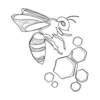 Bee with honeycomb line drawing logo,icon design template,abstract vector illustration.Black and white sketch bee insect line art.Hand drawn design for emblem,print and other