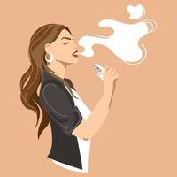 mujer joven con estilo fumando vape, cigarrillo electrónico y sostiene un dispositivo para fumar vaporizador en su ilustración de vector de mano. personas que disfrutan de vaping.plantilla publicitaria poster.hipster estilo de vida