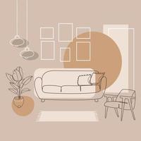 Modern design living room interior line art drawing in abstract style in pastel natural colors,vector graphic.Furniture,sofa,armchair,chandeliers,blank pictures,houseplant.Minimal interior design