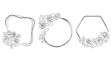 Floral frames with roses.Vector Set of frames,different shapes,line art drawing.Wedding invitation template,Greeting card.Floral labels for natural and organic products.Sketch flower,decoration wreath vector