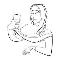 mujer musulmana moderna en hiyab tomando selfie, dibujo de línea continua ilustración vectorial aislada. mujer árabe, niña sosteniendo teléfono inteligente, se comunica por enlace de video, dibujo de arte mínimo, boceto en blanco y negro vector