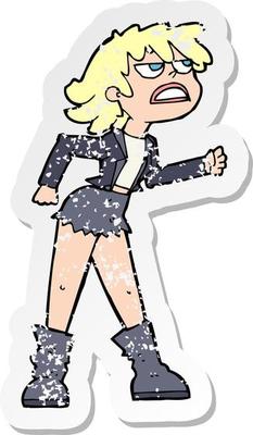 retro distressed sticker of a cartoon angry biker girl